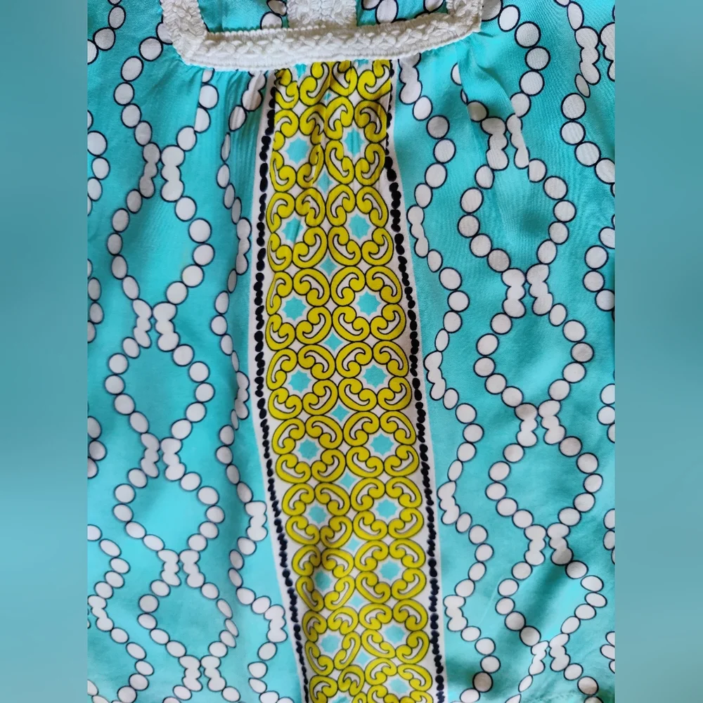 Crown & Ivy Petite Med Women's Casual Smock Top Aqua Mint Green Crochet Trim - Picture 9 of 10